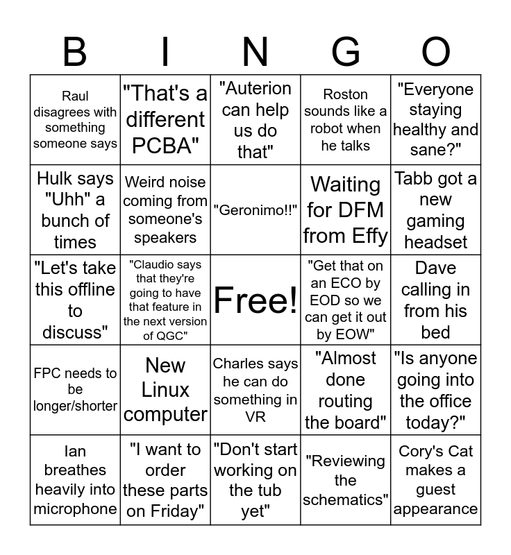 Standup Bingo Card