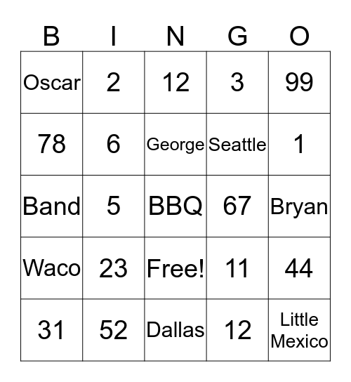 Gates Family Bingo Card