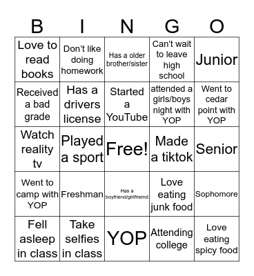 YOP Bingo Card