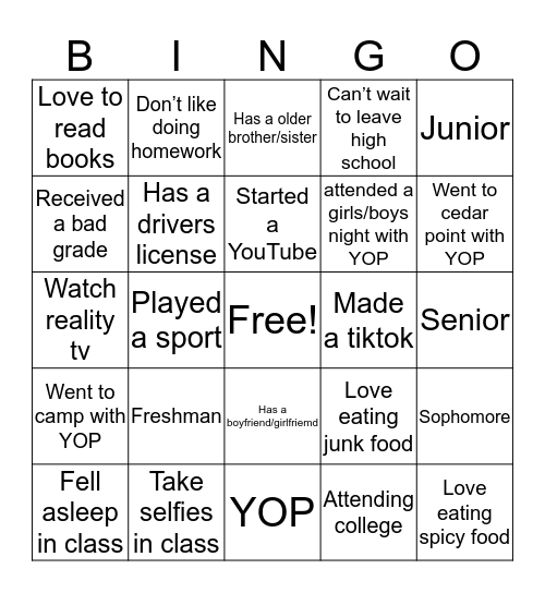 YOP Bingo Card