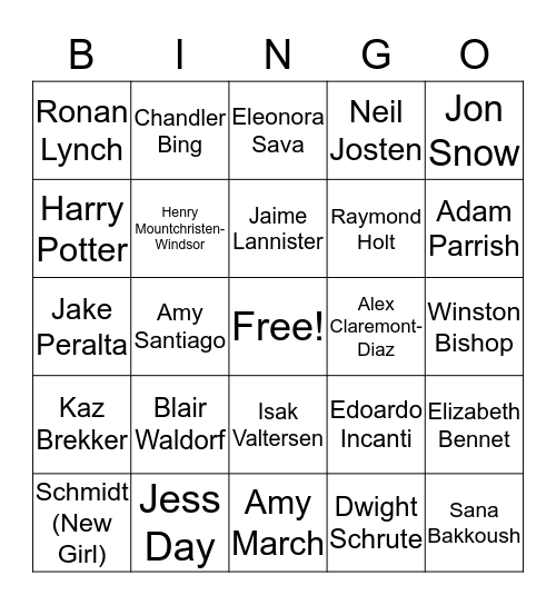Maggie's Favorite Character Bingo Card