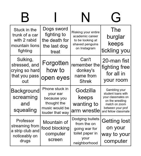 BINGO: Online Class Distractions Edition Bingo Card