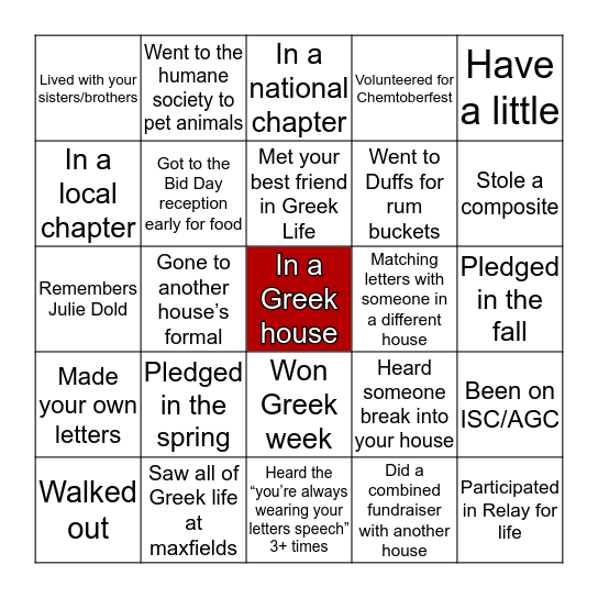 Potsdam Greek Life Bingo Card