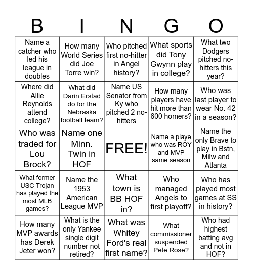 Baseball Bingo Card