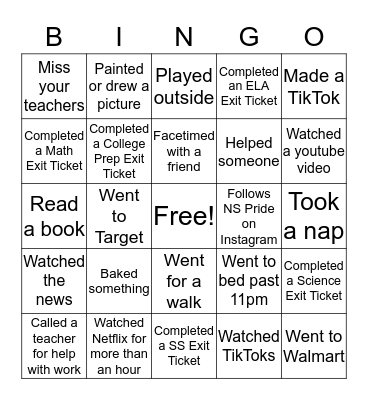 6th Grade Bingo Card