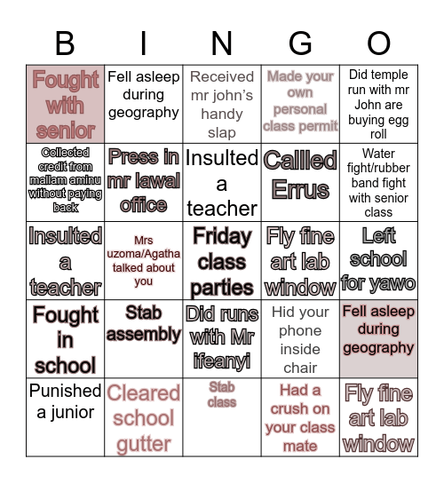 Pss Bingo Card