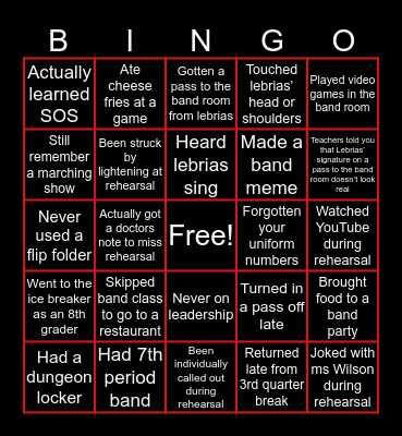 Big Red Band Bingo pt. 2 Bingo Card