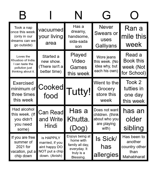 Lets Tutty! Bingo Card