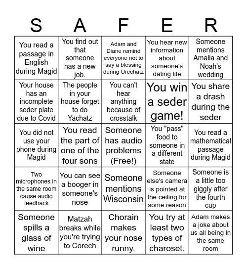 Safer Seder Zoom Bingo Card
