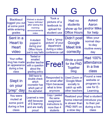 PND Teachers E-Learning Bingo Card