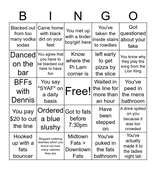Fat Daddy's Bingo Card