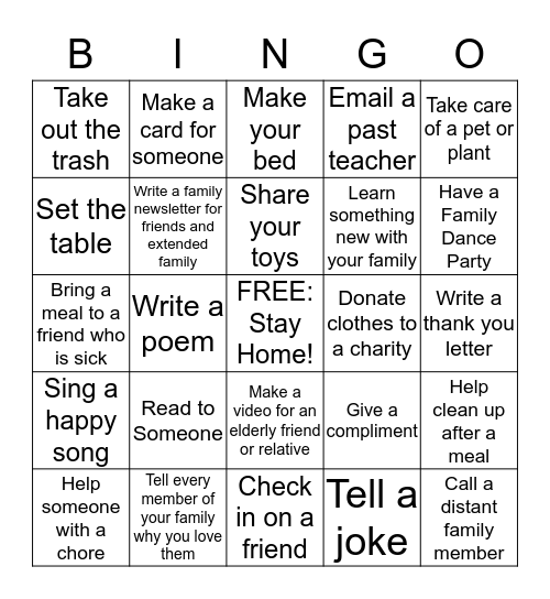 Kindness Social Distancing Bingo Card
