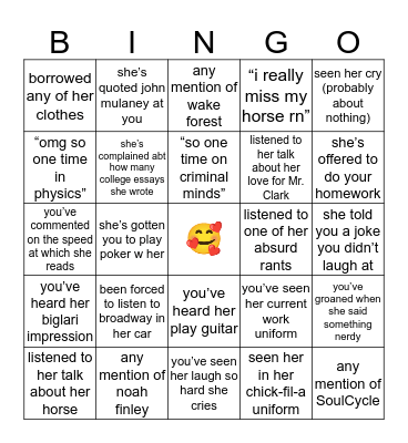 being friends w caroline Bingo Card