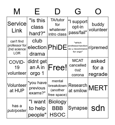 Premed Bingo Card