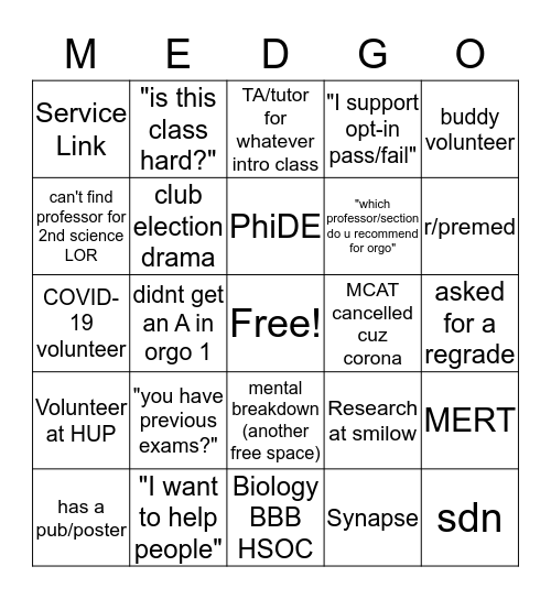 Premed Bingo Card