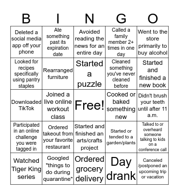 Quarantine Bingo Card