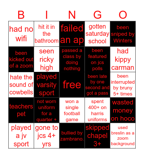 jcs bingo Card