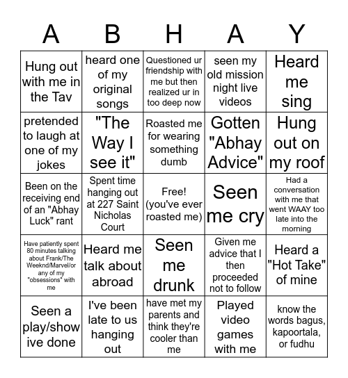 Abhay Bingo Card