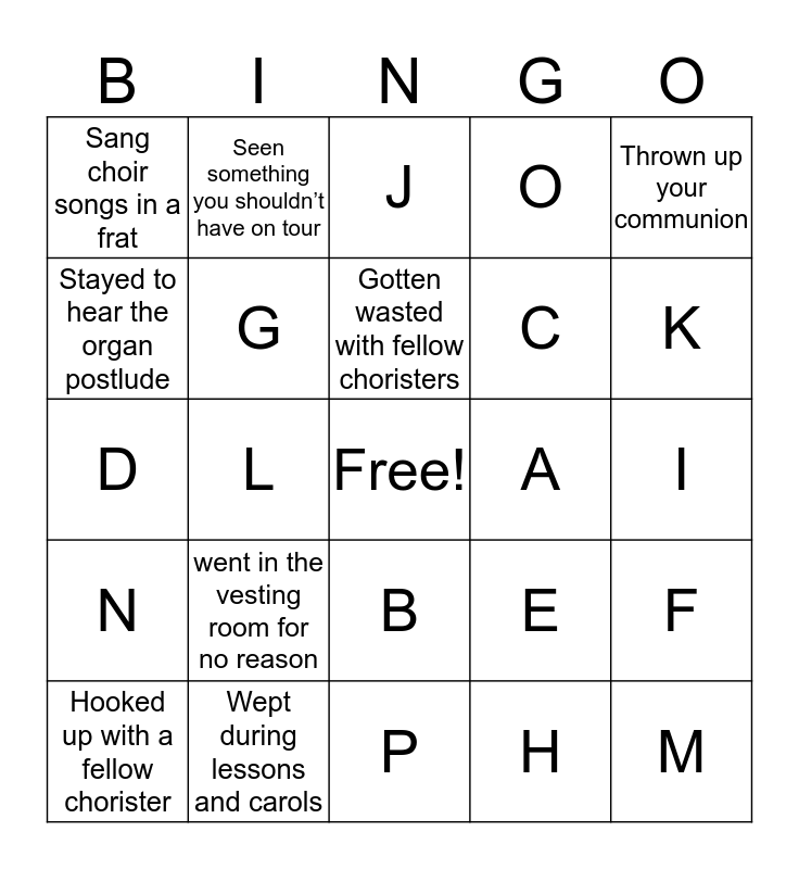 Irreverent choir bingo Card