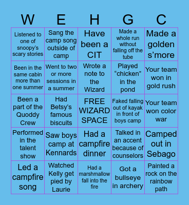 West End House Girls Camp Bingo Card