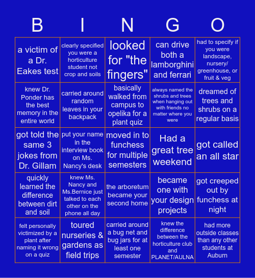Auburn University horticulture bingo Card