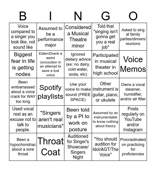 Vocal Principal Bingo Card