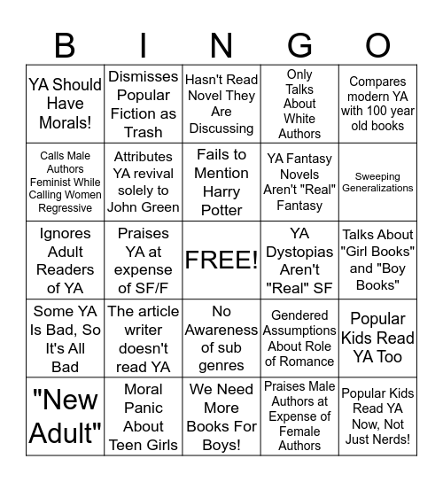 YA Snob BINGO - by Foz Meadows, fozmeadows.wordpress.com Bingo Card