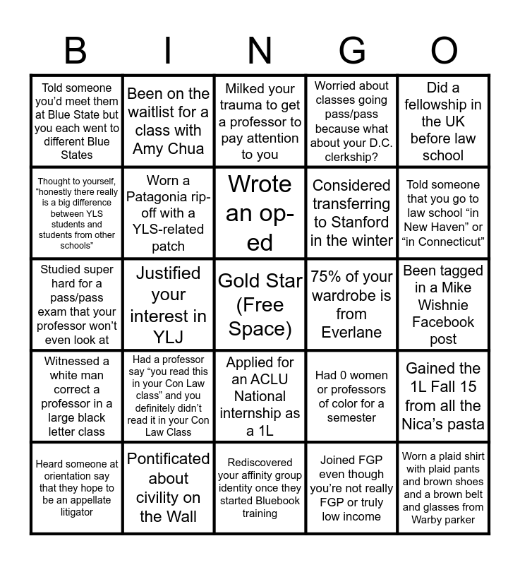 Yale Law School Bingo Card