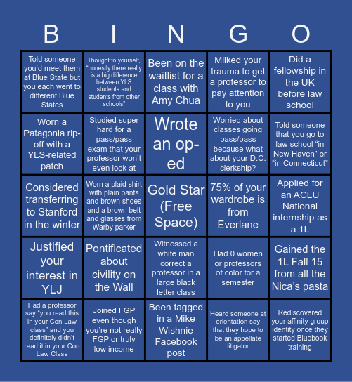 Yale Law School Bingo Card