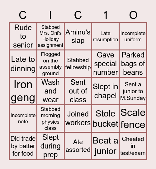 Class 10 Bingo Card