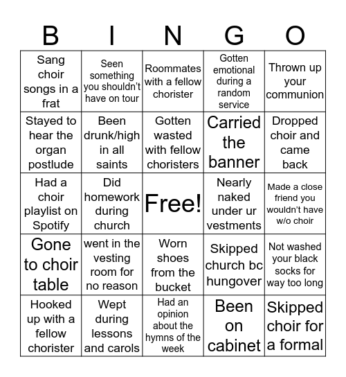 Irreverent choir bingo Card