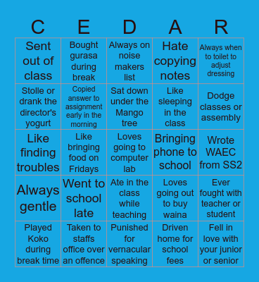 CEDAR PRESIDENTIAL SCHOOL Bingo Card