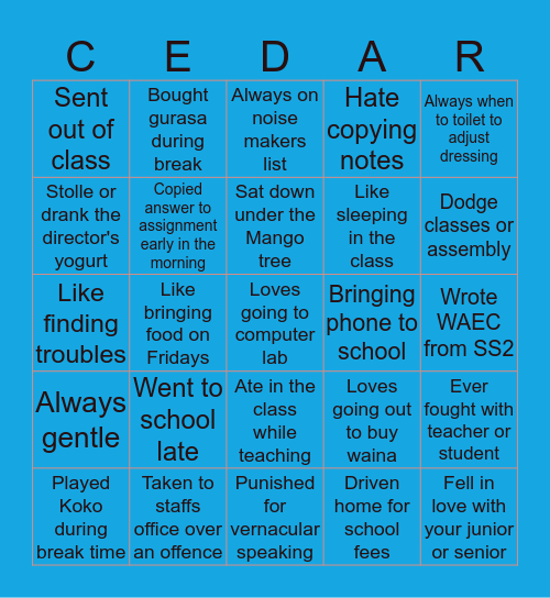 CEDAR PRESIDENTIAL SCHOOL Bingo Card