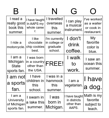 Welcome Back to School Bingo Card