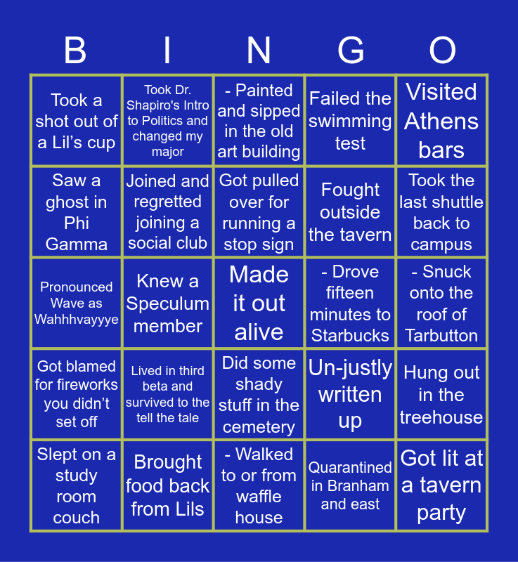 THE ORIGINAL Oxford College BINGO Card