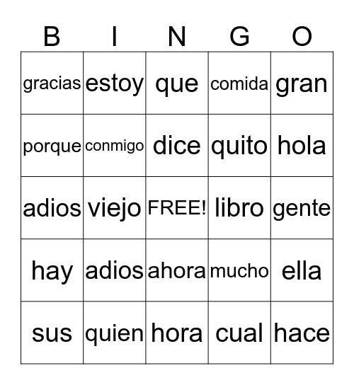 Palabras de uso frequente Bingo Card