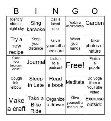 Covid-19 Challenge Bingo Card