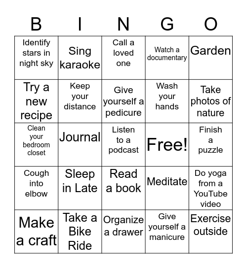 Covid-19 Challenge Bingo Card