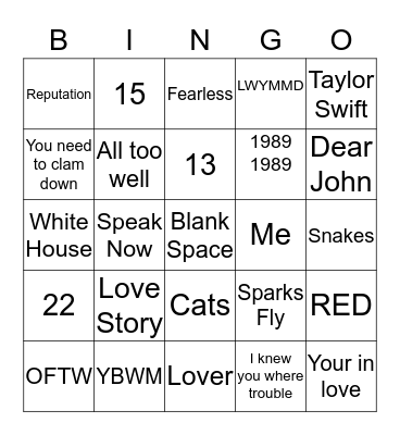 Taylor Swift Bingo Card