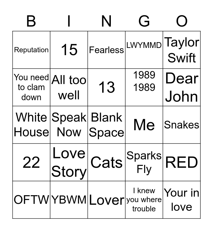 Taylor Swift Bingo Card