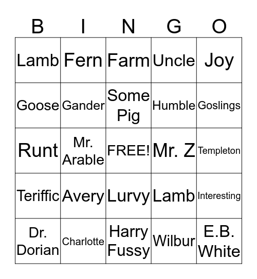 Charoltte's Web Bingo Card