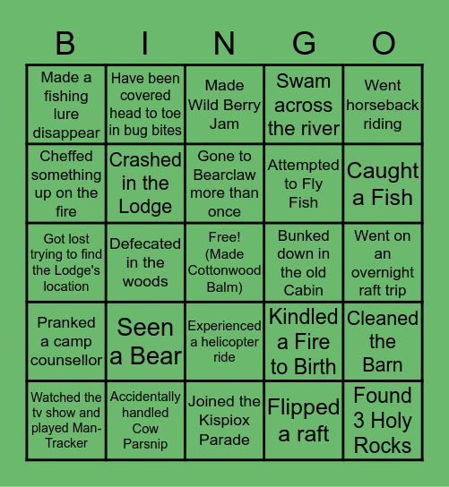 Bearclaw Lodge Camp Bingo Card