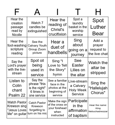 Calvary Holy Week Worship Bingo Card