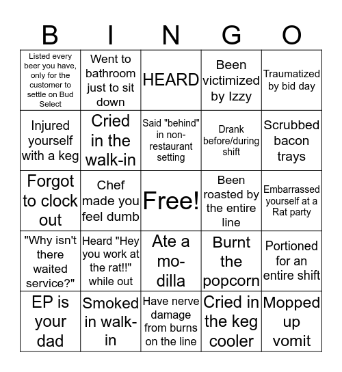RATHSKELLER EMPLOYEE Bingo Card