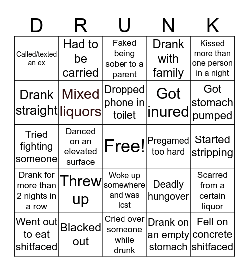 Drinkers Only Bingo Card