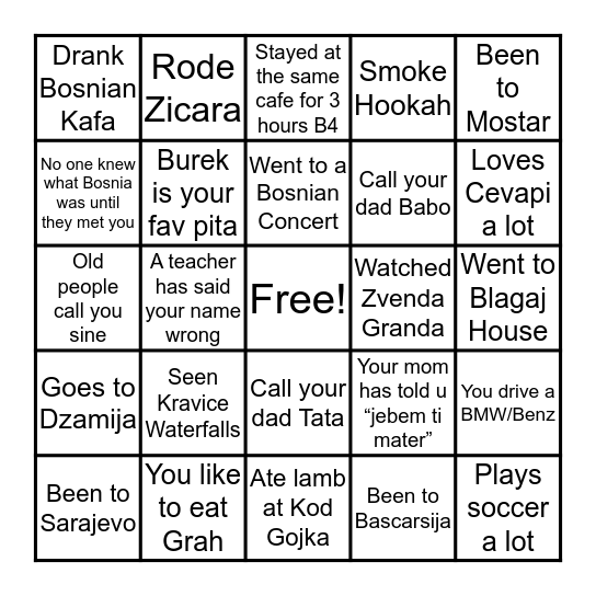 Bosnian Bingo Card