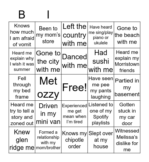 Lucy’ Bingo Card