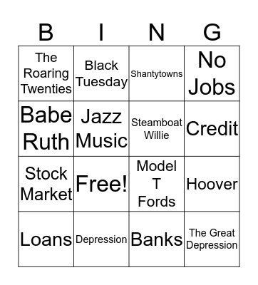 The Great Depression Bingo Card