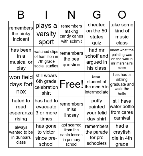 Victor Schools Bingo Card