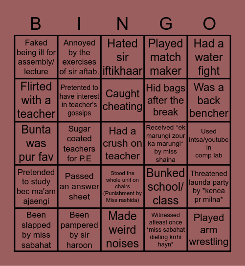 THE SMART SCHOOL (FJ CAMPUS) BATCHES 2014-20 Bingo Card